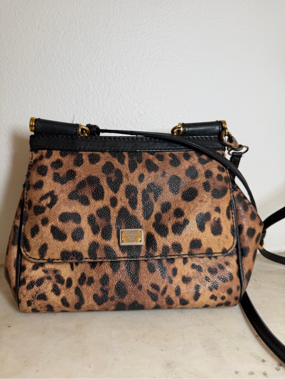 Dolce & Gabbana Leopard Print Crossbody in Tan and Black with Gold Hardware